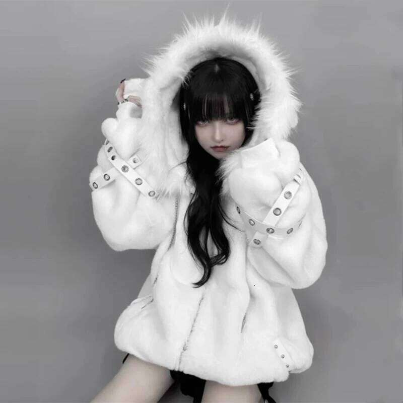 Mauroicardi Autumn Winter Oversized Warm Soft White Faux Fur Coat Women with Hood Haruku Fashion Fluffy Jacket Streetwear 2025