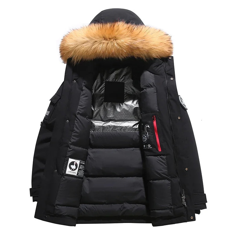 Black Down Jacket Winter Lined White Duck Down Hooded Fur Collar Jacket Casual Fashion Thick Warm Embroidered Parka 251020