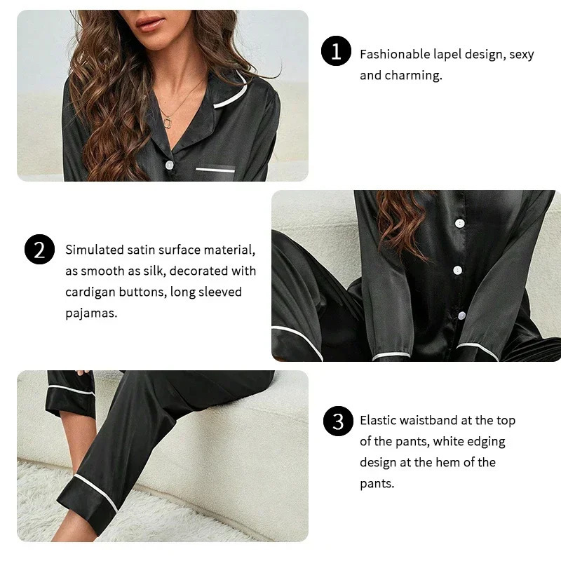 Spring Autumn Silk Pajamas Set for Women Casual Soft Nightwear Tops and Pants Solid Buttons Cardigan Sleepwear Homewear 251022