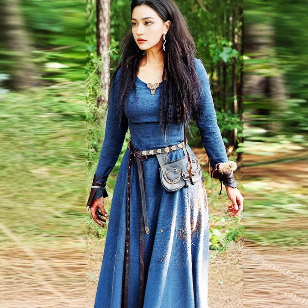 European and American designers fashion retro round neck long sleeved slim fit dress, Renaissance women's long role-playing performance clothing