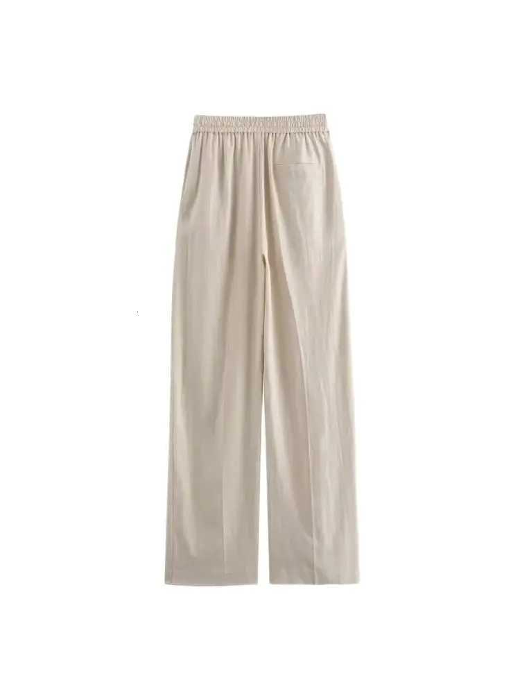 Womens Straight Pants with Front Pockets High Elastic Waist Drawstrings Female Trousers Chic FashionT251022