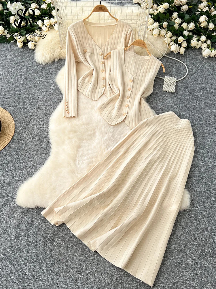 SINGREINY Senior Knitted OL Sets Women V Neck Full Sleeves TopsSingle Breasted Tank TopsElastic Waist Slim Skirt Warm Suits 251020