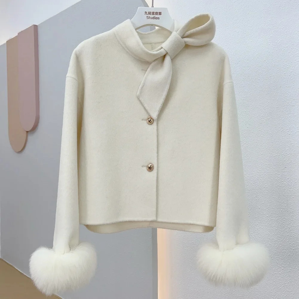 Wool Coat Ladies Winter Natural Fox Fur Cuff Outwear Female Cashmere Woolen Women y Jacket 251021