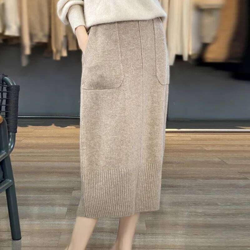 Women's Knitted Cashmere Double Pocket 100% Pure Wool Commuter Joker Straight Skirt For Autumn Winter New 251022