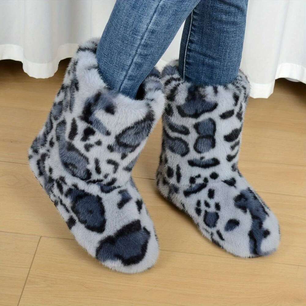 Women's Winter Warm Faux Plush Mid-Calf Slip-On Flat Round-Toe Casual Boots