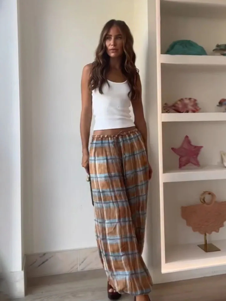 HH Women Autumn Ramie Bloomers Plaid Printed Loose Pants Female Fashion Versatile Drawstring Streetwear Casual Trousers 251016