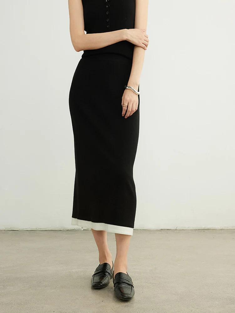 SuyaDream Women Long Skirt 324Sheep Wool Solid Woolen Knitted Skirts Autumn Winter Warm Under Dress Grey Khaki 251020