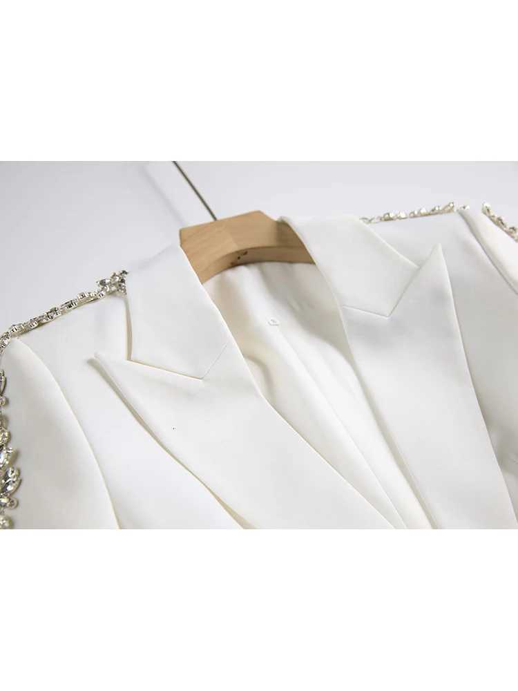 HIGH STREET Newest 2024 Runway Designer Suit Set Womens Career Style Single Diamonds Beaded Blazer Flare Pants SuitT251022