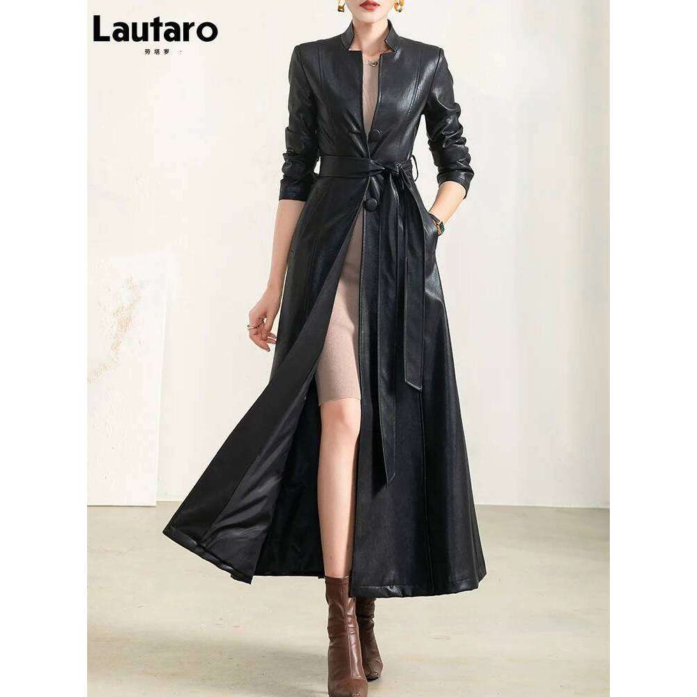Lautaro Spring Autumn Black Soft Waterproof Faux Leather Coat Women Belt Long Sleeve Single Breasted Fashion 2022