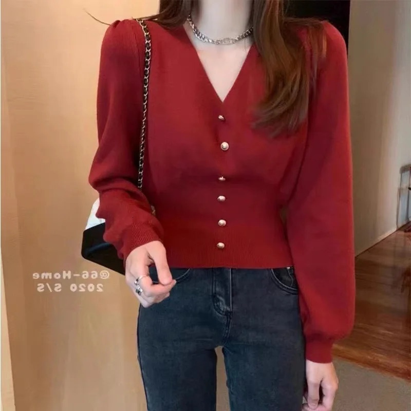 Casual Fashion Solid Button Womens Sweater Autumn Winter Vneck Long Sleeved Base Knitted Cardigan Slim Short Overcoat 2869 251020