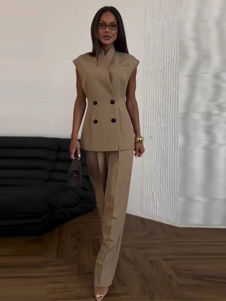 Elegant Solid Jacket Pants Set Women Sleeveless Double Breasted Stand Collar Top Straight High Waist Trousers Spring SuitT251022