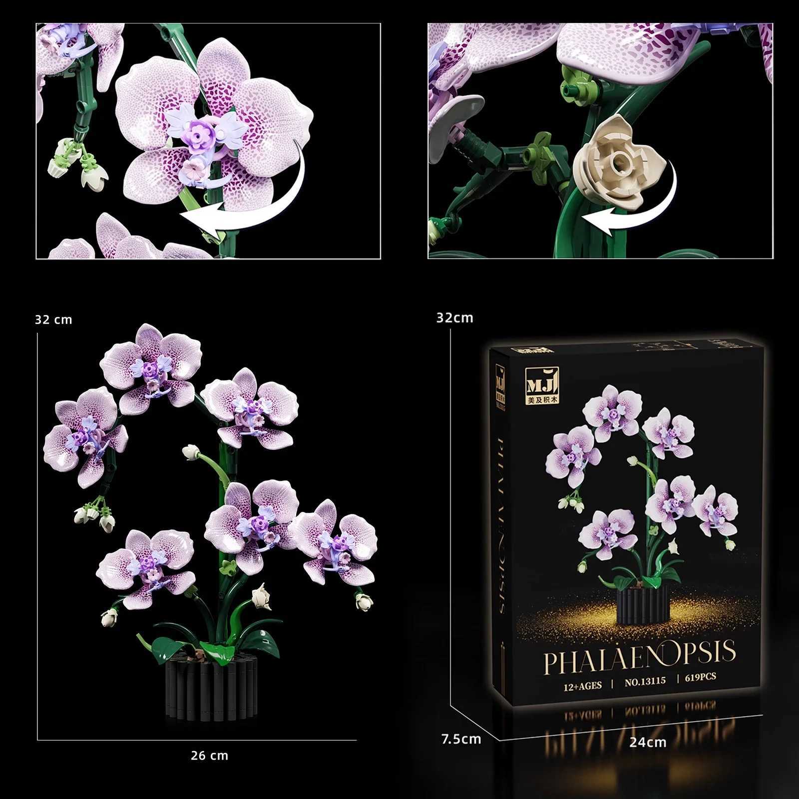 619PCS Phalaenopsis Building Blocks Flowers Orchid Potted Plants Simulation Model Home Decor Kids Puzzle Toy Girls Birthday Gift J251022