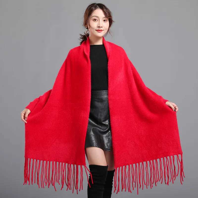 9 Colors Solid Faux Mink Cashmere Autumn Winter Warm Tassel Cape Women Thicken Poncho Loose Long Velvet Streetwear Shawl Coat J251118