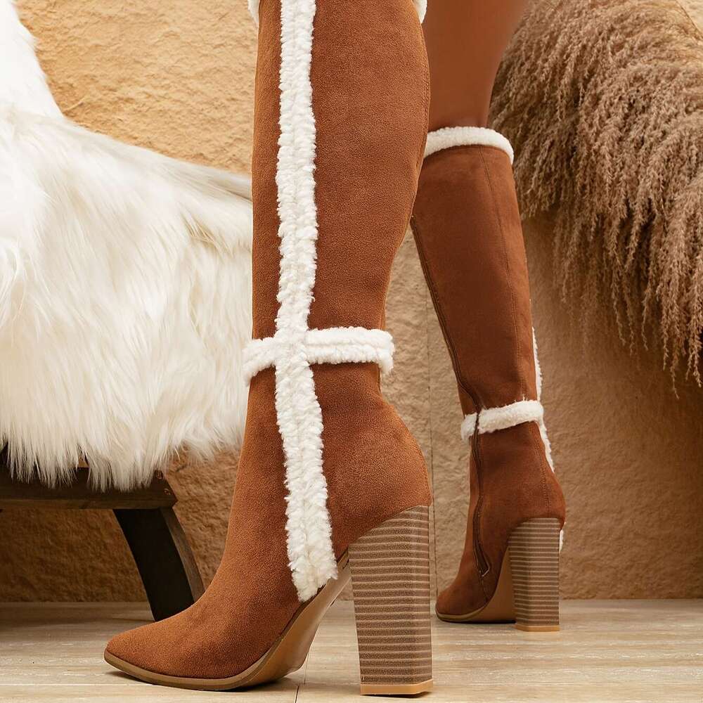 Women's Block Heeled Knee High Fashion Point Toe Plush Lined Boots, Comfortable Side Zipper Boots