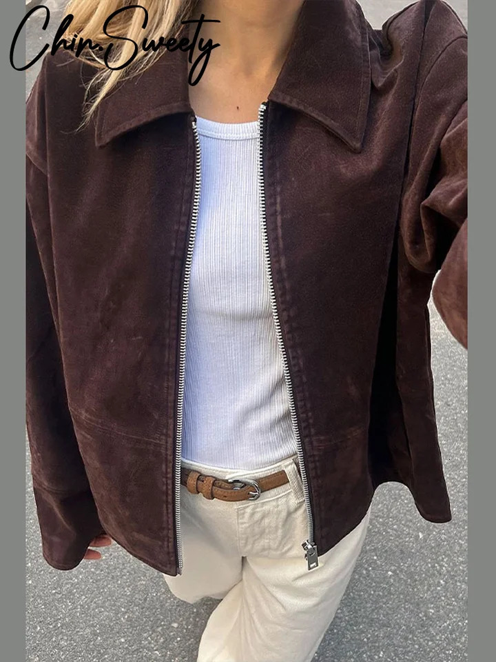 Fashion Brown Suede Womens Jackets TurnDown Collar Zipper Loose Lady Short Coats Autumn Female Street Office Outwear 251020