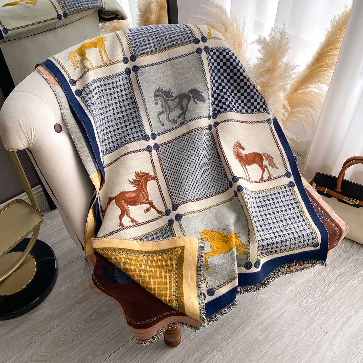 New Women Imitation Cashmere Two Sided Horse Print Scarf Soft Warm Shawl Autumn Winter Coldproof Windproof BlanketJ251129