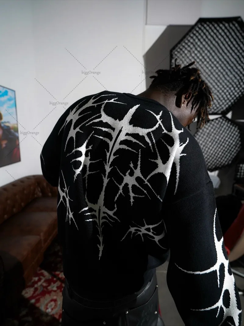 2025 High Street Trendy Streetwear Long Sleeve Gothic Punk Dark Graphic Knitted Sweater Men Hiphop Casual Oversized Pullover 251020