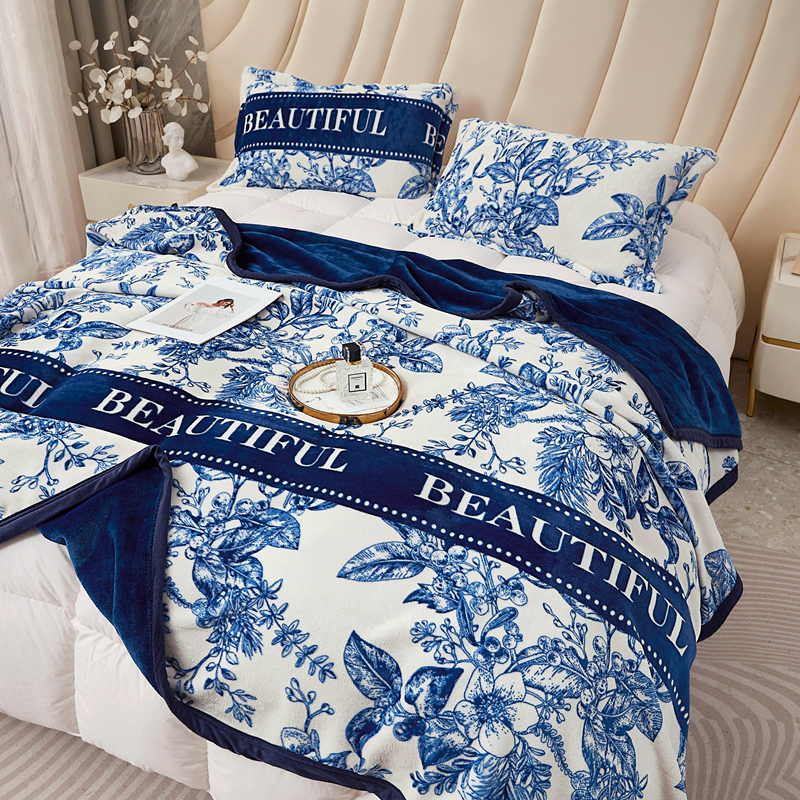 Designer Luxury Brand Skin-friendly Soft Throw Milk Fluff Nap Blanket with Plants and Flowers Camellia Pattern for Office /Bedroom /Travel /Gift W2603