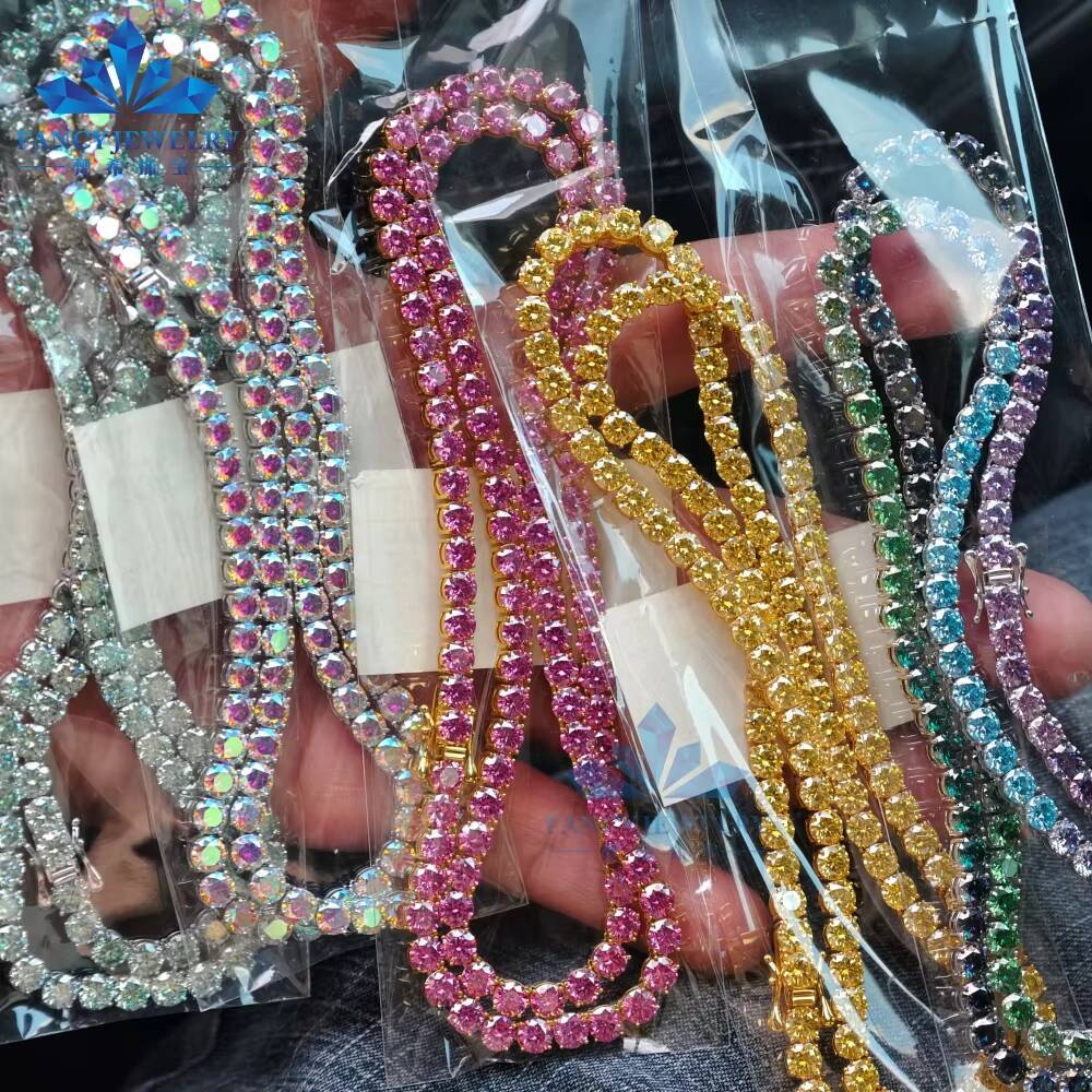 Colorful Moissanite Chain Red Green Blue Yellow Pink Diamond 5mm Gold Plated Chain 925 Silver Tennis Link Necklace for Man Women