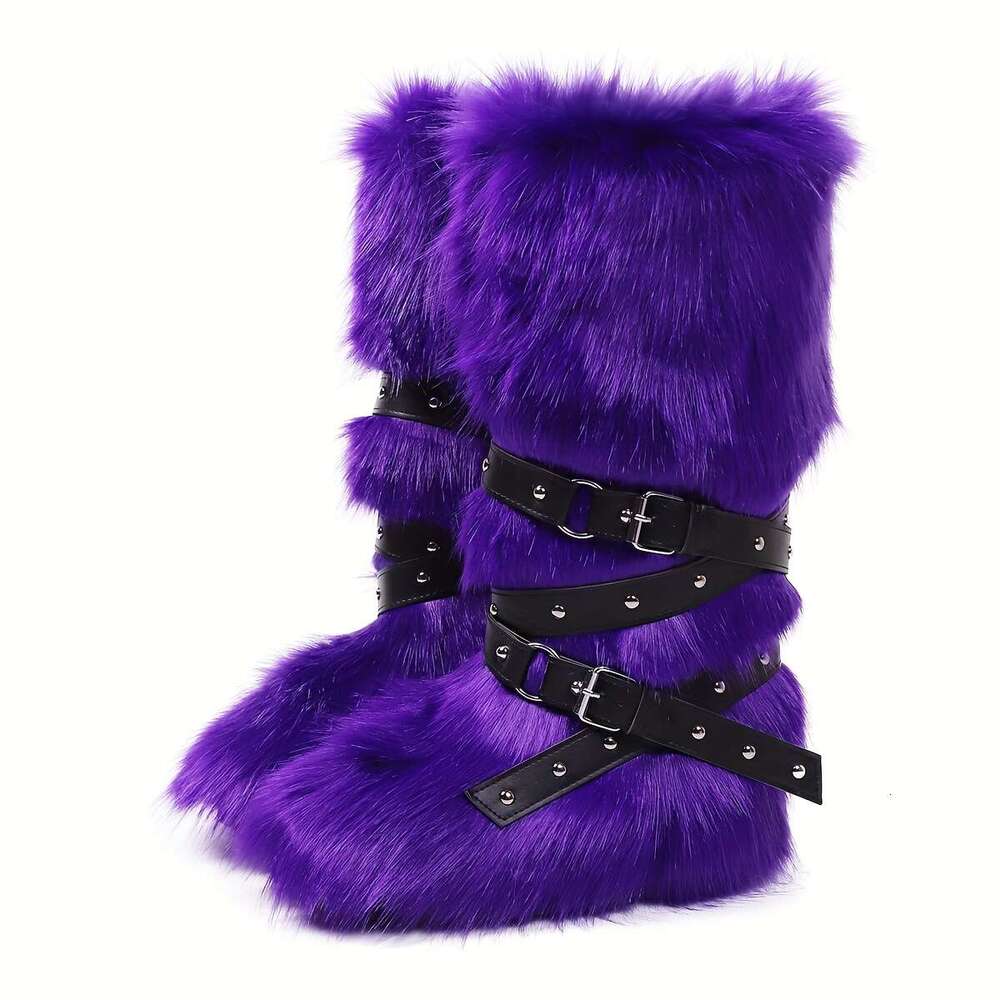 Women's Faux Fur Knee-High Buckle Stud Decorations Punk Style Plush Lining, Round Toe Flat Sole, Soft Microfiber Upper Rubber Outsole Cozy Indoor