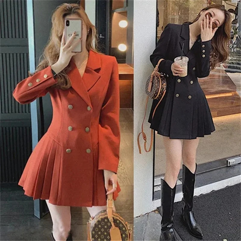 4XL Womens Fat mm Hepburn Double breasted Blazer Suit Dress Autumn and Winter Waist Shrinking Long Sleeve Pleated Dress Orange 251020