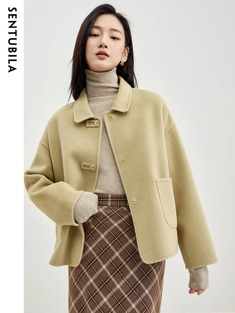 SENTUBILA 100 Wool Winter Coat Women Elegant Loose Double Sided Short Jacket Big Pocket Female Outerwear W34O49736 251021
