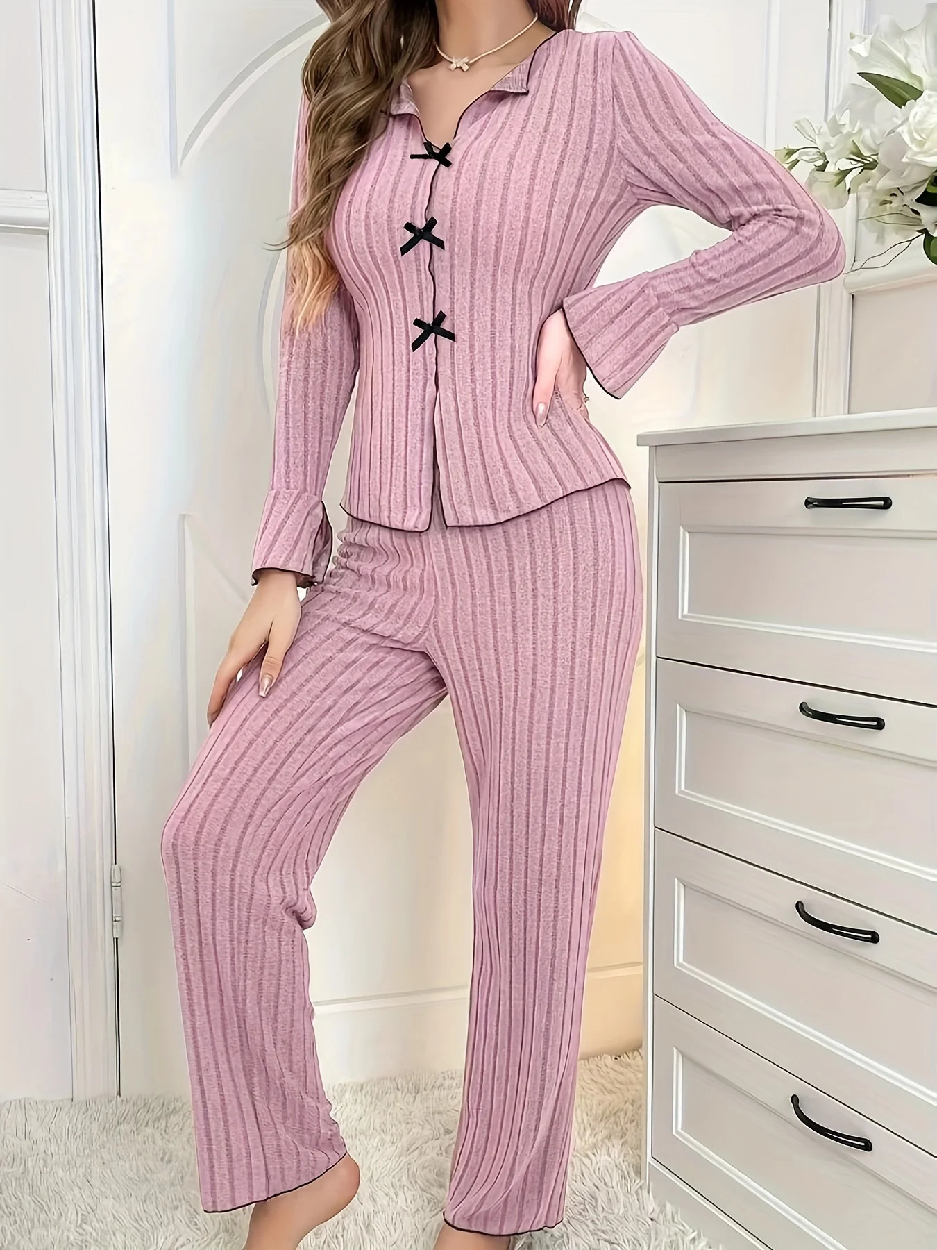 2Piece Womens Autumn and Winter Pure Color Elegant Bow Womens Simple LongSleeved Pants Pajama Set 251022