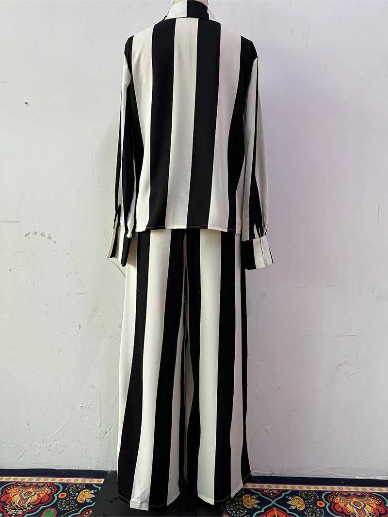 Women Two Pieces Set Striped Long Sleeve Turn Down Collar Shirts Button Wide Leg Pants Suits Regular Elegant Office Lady 2025T251022
