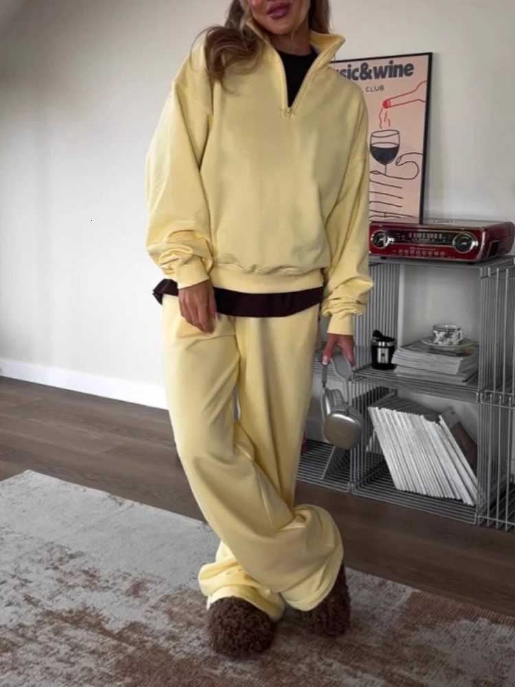 Oversize Pullover LaceUp Sweatpants TwoPiece Women Fashion HalfOpen Collar LongSleeved Sweater Trousers Casual Pant SuitT251022