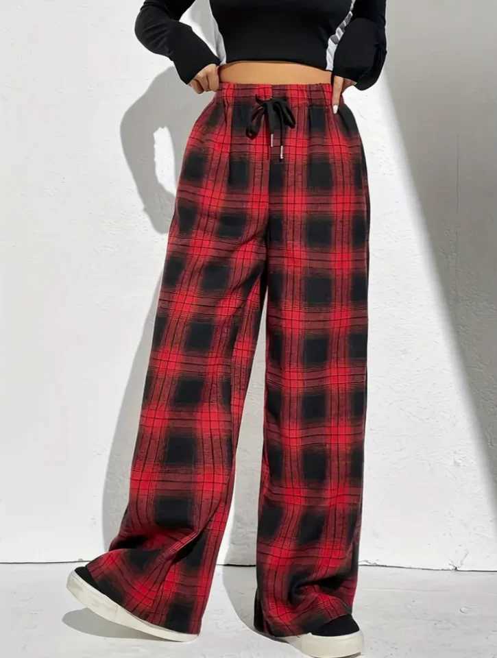 Plaid Print Wide Leg Pants Casual Drawstring Loose Pants For Spring Summer Womens ClothingT251022
