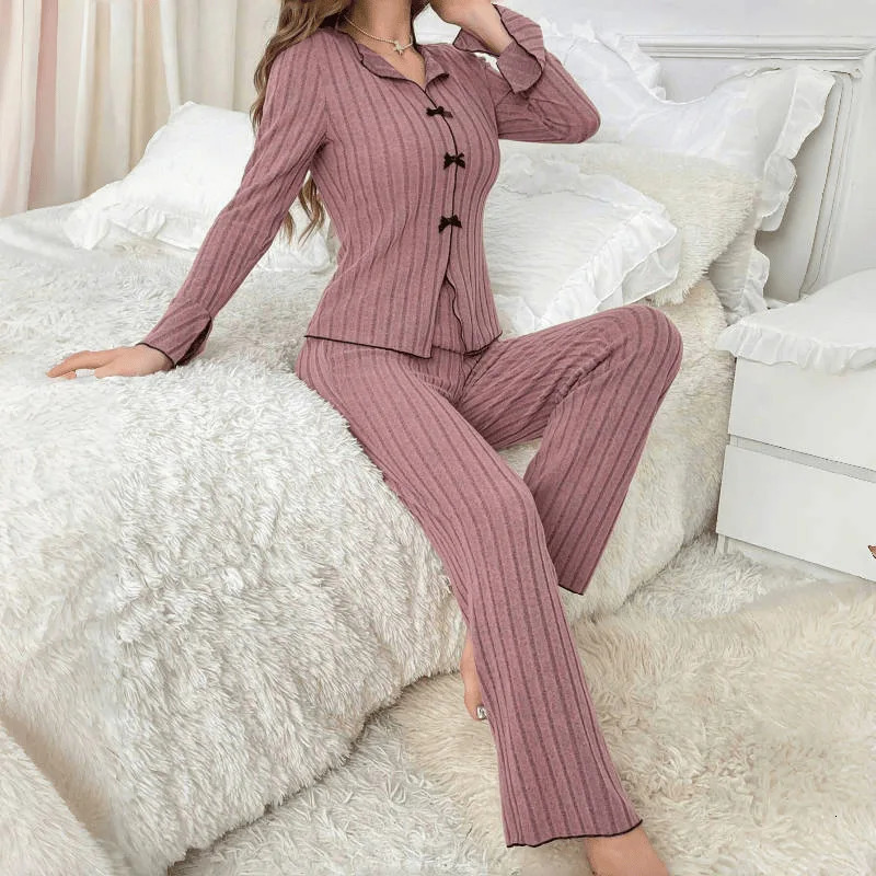 2025 Women Spring Casual Pajamas Set Comfortable Sleepwear Sexy Long Sleeve Lapel Solid Rib Homewear Female Loose Loungewear 251022