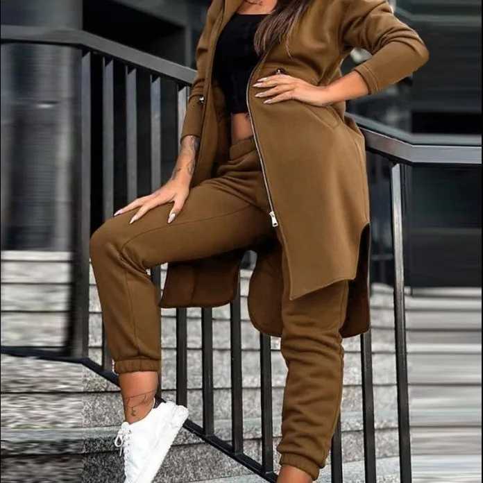 Pant Sets Women Hooded Zipper Long Coats Two Piece Suits Casual Straight Pants Thick Warm Coat Solid Sporty Autumn WinterT251022
