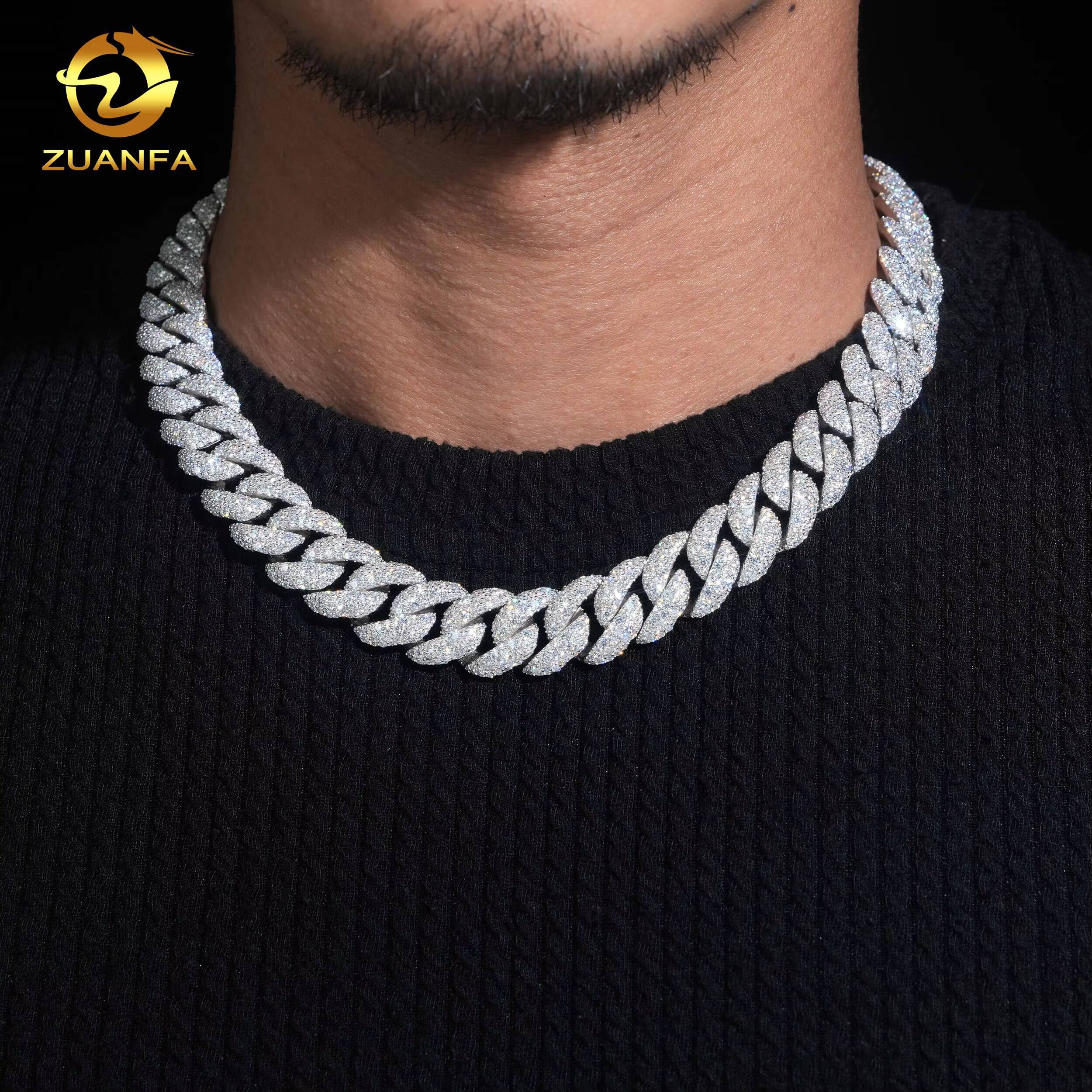 Local Stock Fast Shipping Hip Hop High Quality 925 Silver 15mm Mosaic Set Iced Out Moissanite Diamond Cuban Link Chain