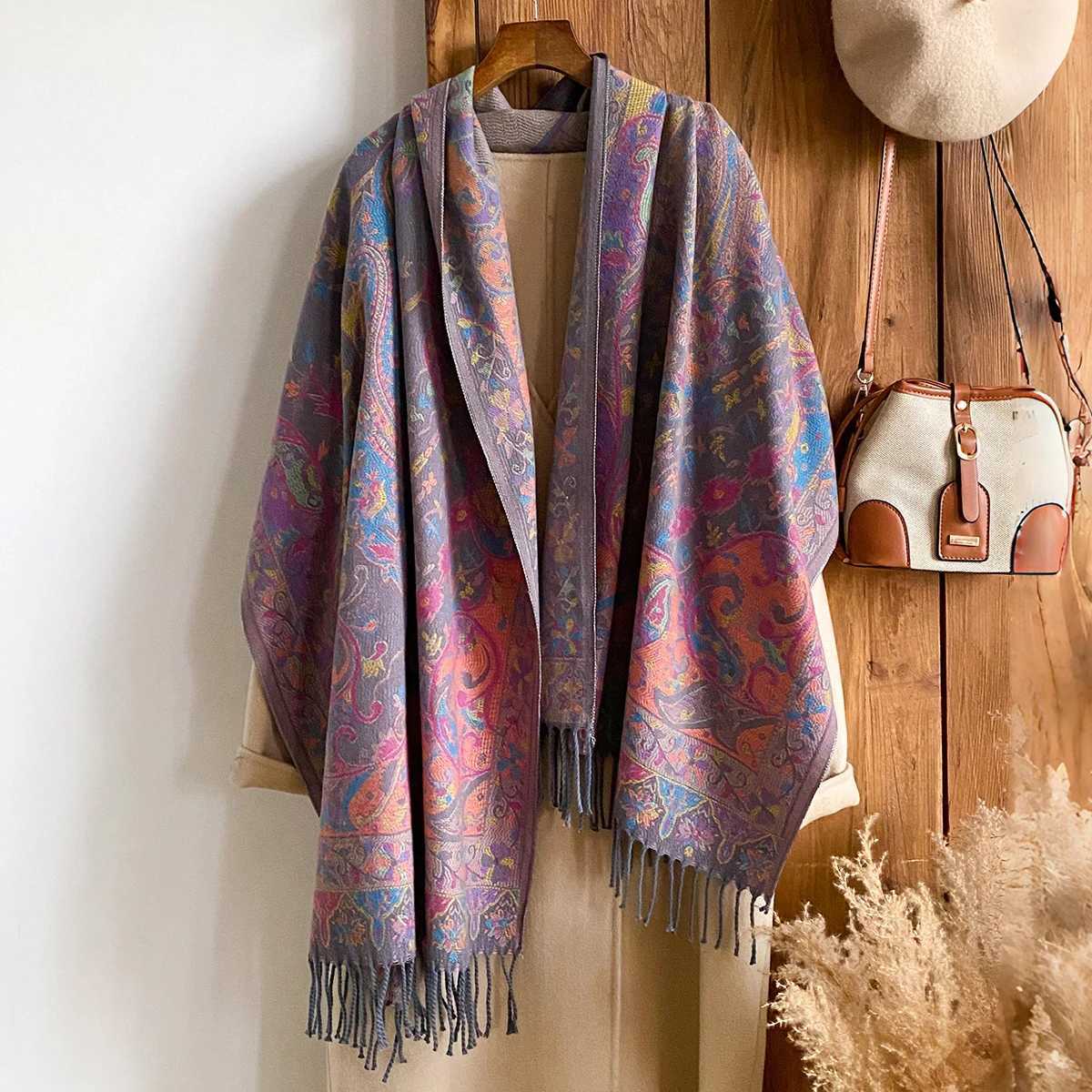 Winter Womens Thick Shawl National Style Warm Long Tassel Scarf with Flower Embellishment Versatile Poncho Stole J251118