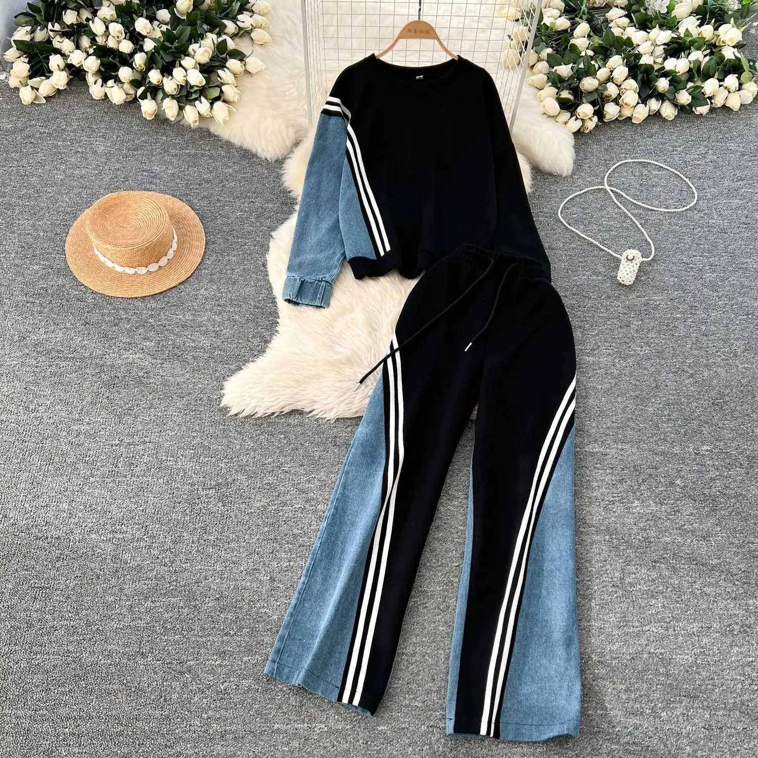 Pant Set Women Two Piece Sets Round Neck Matching Sets Sweatshirts Denim Splice Y2k Tops Casual Loose Long Pants High WaistT251022