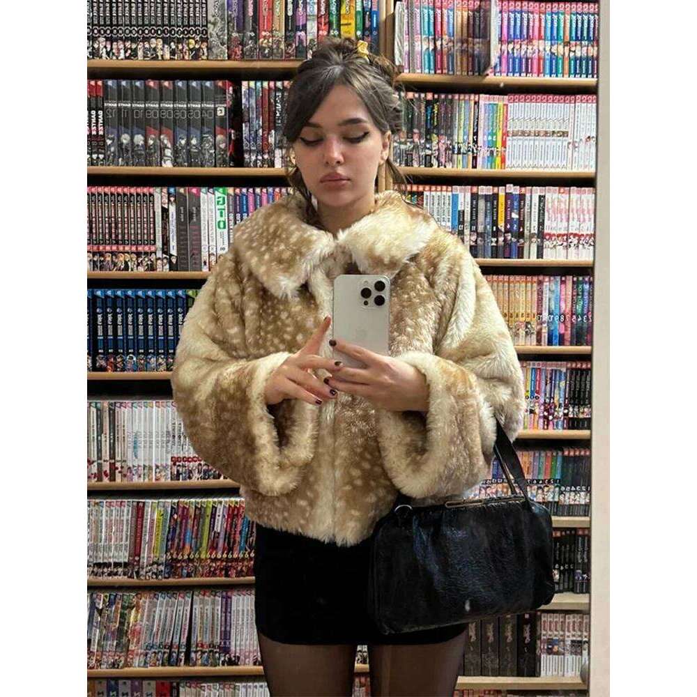Leopard Printed Faux Fur Short Coat Women Lapel Full Sleeve Single Breasted Loose Mini Coats Lady Winter Daily Street Outerwear