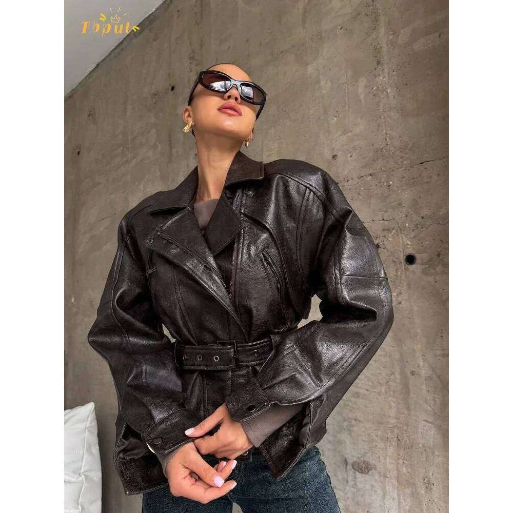 Retro Solid Lapel Collar Leather Short Jacket Women Long Sleeve Belted Zipper Pocket Loose Outerwear 2025 New Autumn Daily Coats