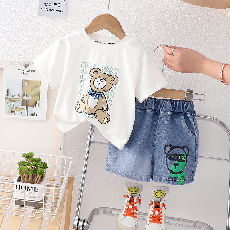 2025 New Boys Bear Print Set, Summer Short Sleeve 2-Piece Outfit, Cute Casual Wear for Toddler