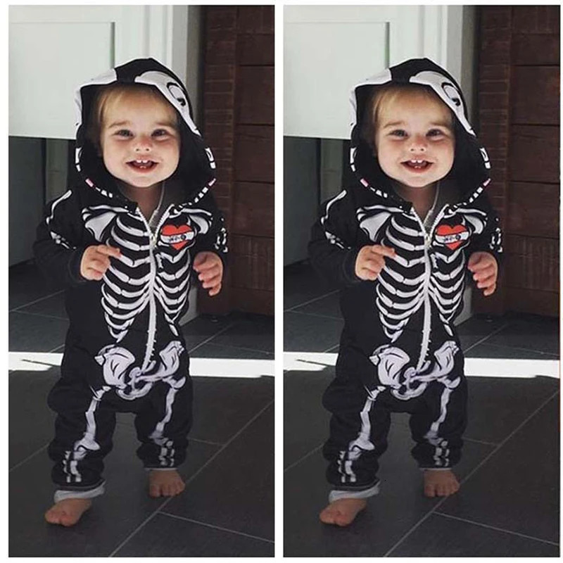 Baby Kids Halloween Clothing Skull Print Toddler Boys Girls Rompers Hooded Jumpsuit Bebe Trick Clothes Zipper Outfits 251022