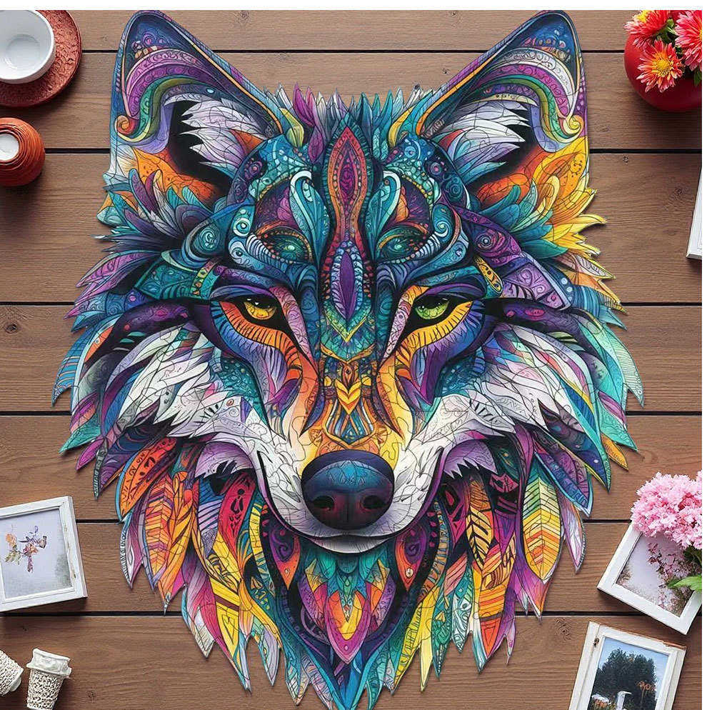 Custom laser cut wooden irregular puzzle; creative wolf head; irregular animal toy; gift puzzle. L251022