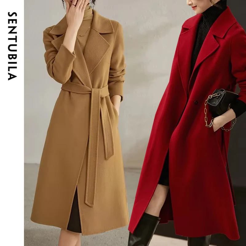 SENTUBILA Women 100 Wool Long Wrap Coat Elegant Notched Collar Belted Warm Double Faced Woolen Winter Overcoat W24O43352 251020
