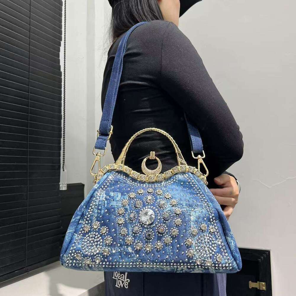 Women's Elegant Y2k Street Style Blue Floral Rhinestone Bag With Detachable Strap & Clasp Closure - Versatile For Work, Commuting, Dating, Partie