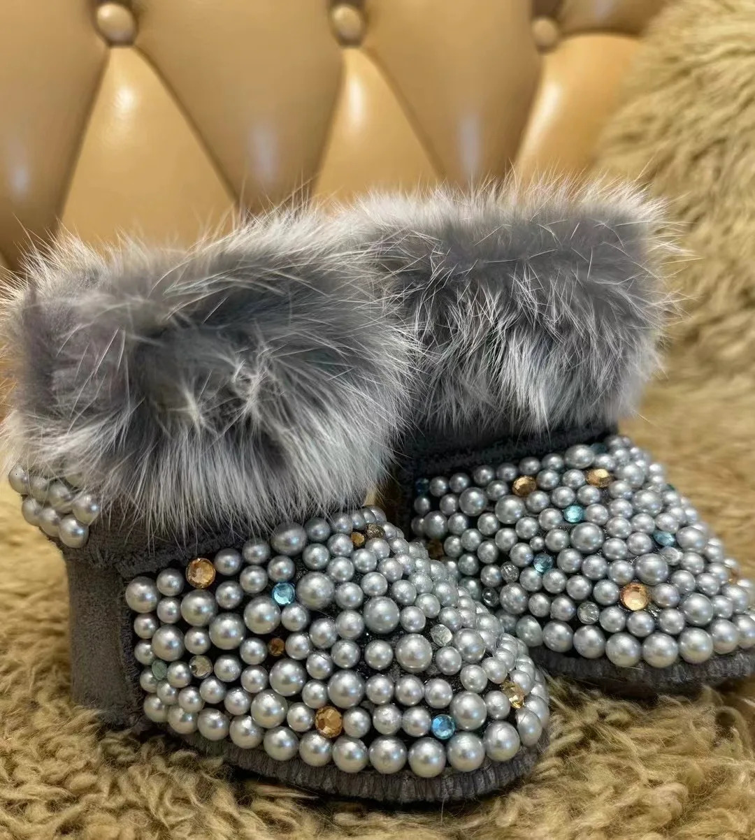 Rabbit Fur Handmade Shoes Crystal Baby Snow Boot Warm Furry First Walkers Slippers Infant Rhinestones Pearls Botties 251022