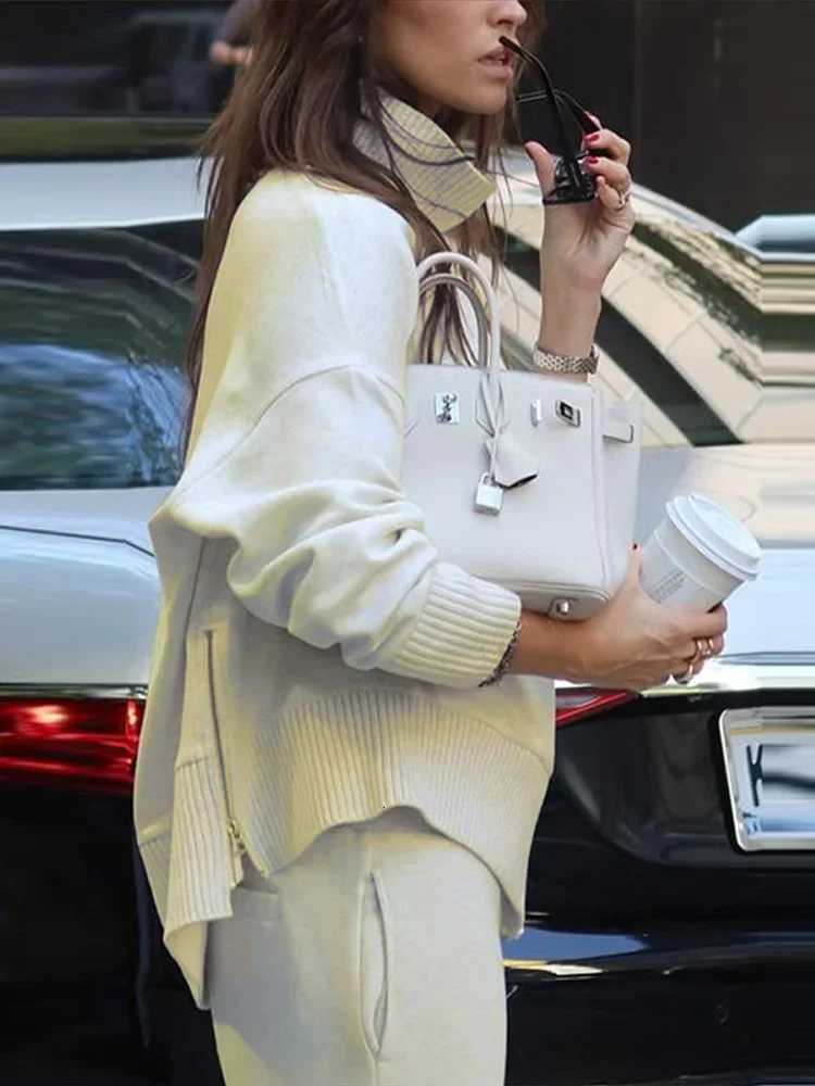 Elegant Knitted Sweater Pants Set Women Zipper Turtleneck Long Sleeve Tops Wide Leg Trousers Spring Casual Loose OutfitsT251022