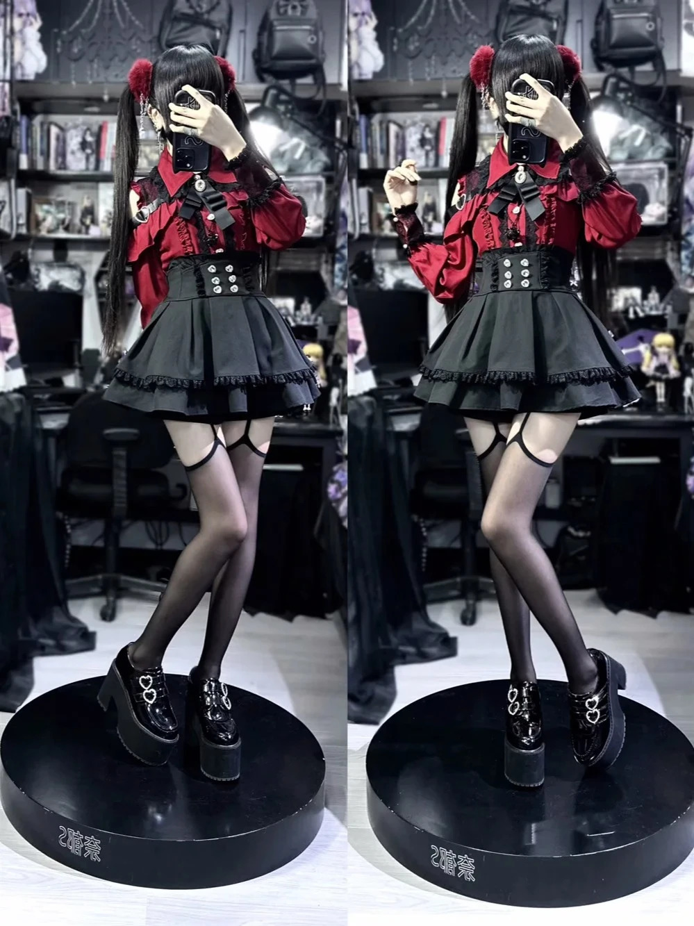 Sweet Gothic Lolita Two Piece Set Off Shoulder Blouse High Waist Skirt Kawaii Tricolor Lace Coord Outfit for Women Teens 251016