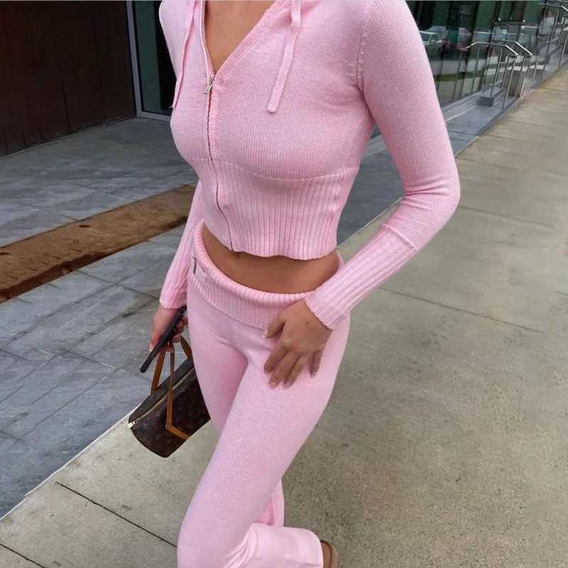 Knitted 2 Piece Sets Women Tracksuit Long Sleeve Zipper Hooded Sweater Crop Top Flare Pants Stretch Matching Suit OutfitT251022