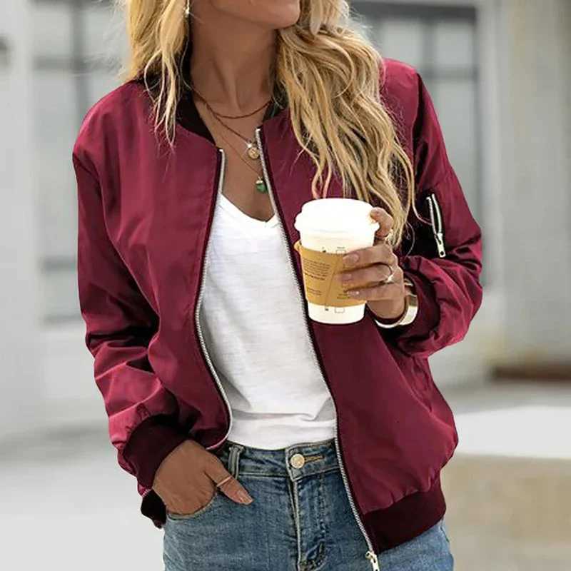 Autumn Solid Color Oneck Zipper Womens Jackets Vintage Long Sleeve Cool Girl Bomber Jacket Daily Black Casual Ladies Clothing1 Y251105