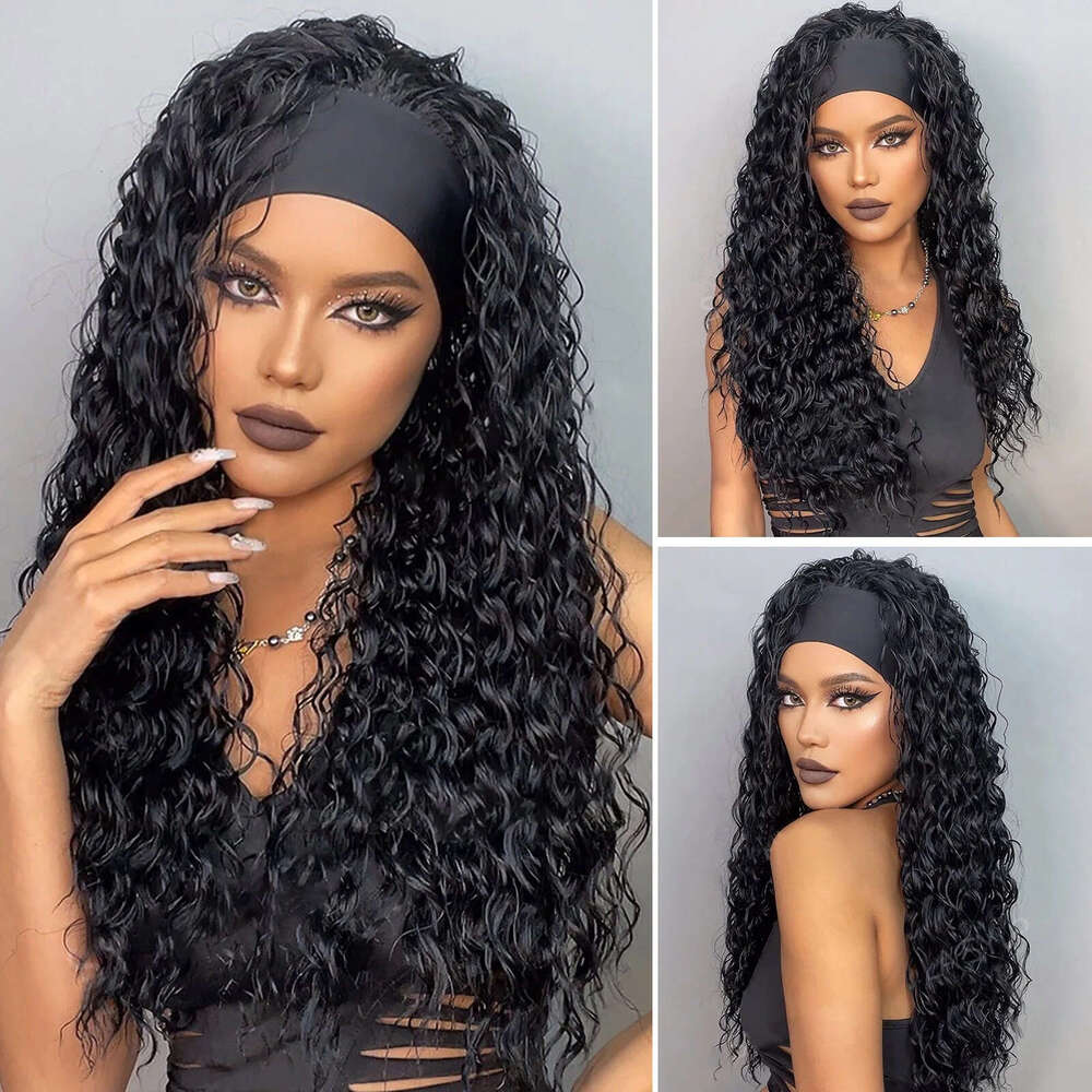 New Hairband Wig For Women, Black Small Curls, Brown Long Straight Hair, Hine-Made High-Temperature Fiber