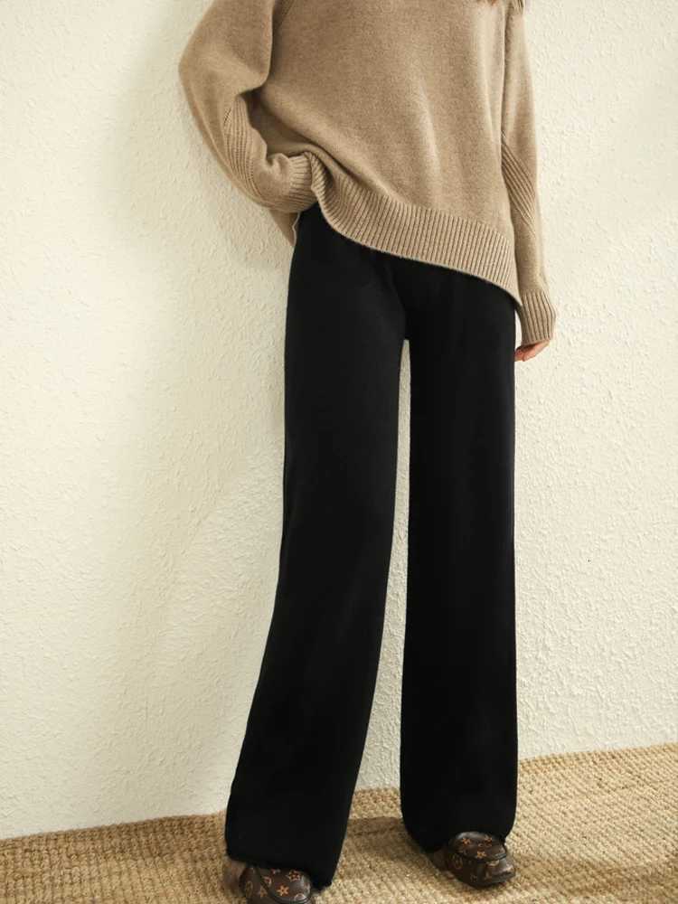 New Chic Womens Wool Pocket Pants Autumn Winter 100 Merino Wool Straight Pants Thick Soft Casual Simple Style Cashmere TrouserT251022