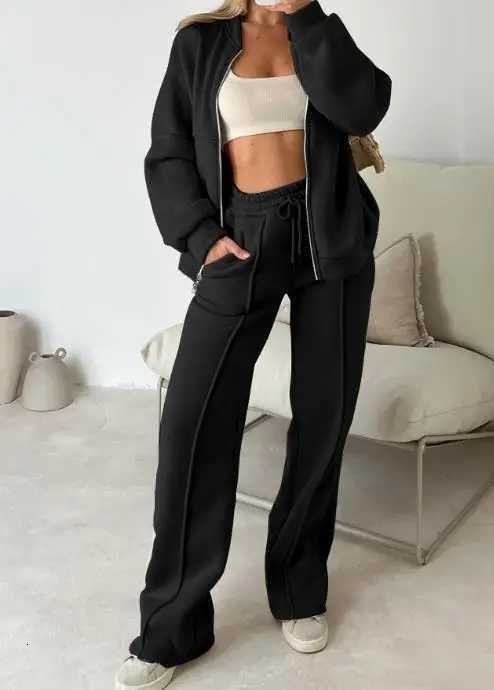 Solid Color Round Neck Zipper Front Loose Jacket and Lace Up High Waisted Straight Leg Pants Set Autumn Womens Sports SetT251022